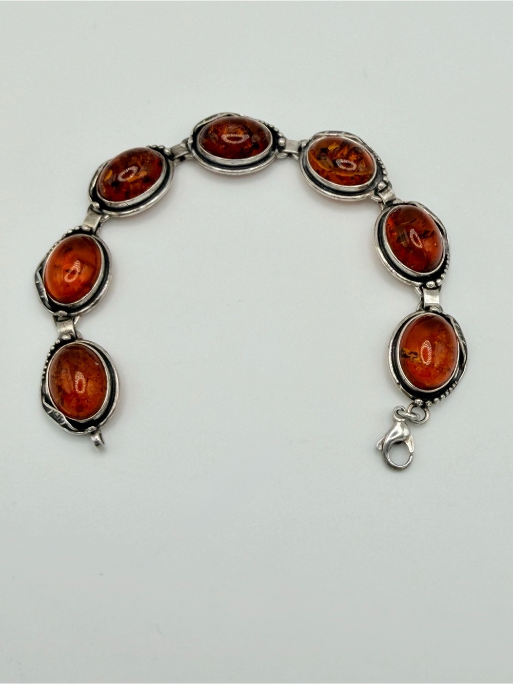 Vintage Oxidized Sterling Silver Leaf Pattern w/Oval Amber Cabochons Bracelet - Picture 12 of 16